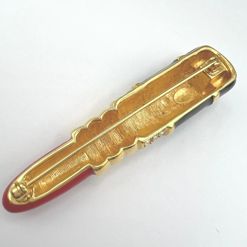Kenneth Jay Lane KJL Lipstick Brooch Red Black Enamel Rhinestone Gold Tone Pin